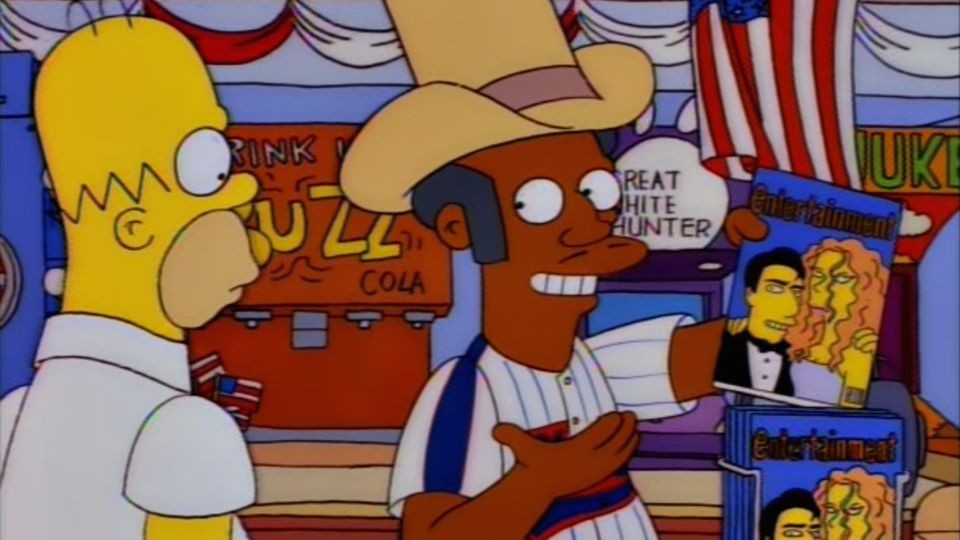 Apu tries to convince Homer that he is American