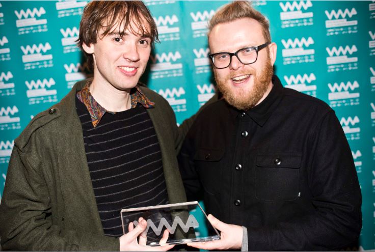 Welsh Music Prize 2016 winner Meilyr Jones at least year's ceremony, with Huw Stephens (Photo credit: Welsh Music Prize)