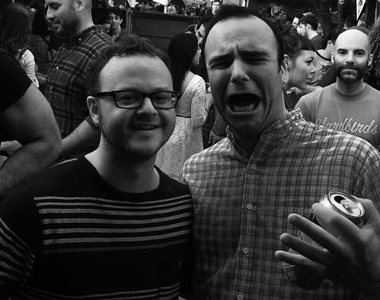 Future Islands' Samuel Herring and Getintothis editor Peter Guy at Hotel Vegas in Austin, Texas