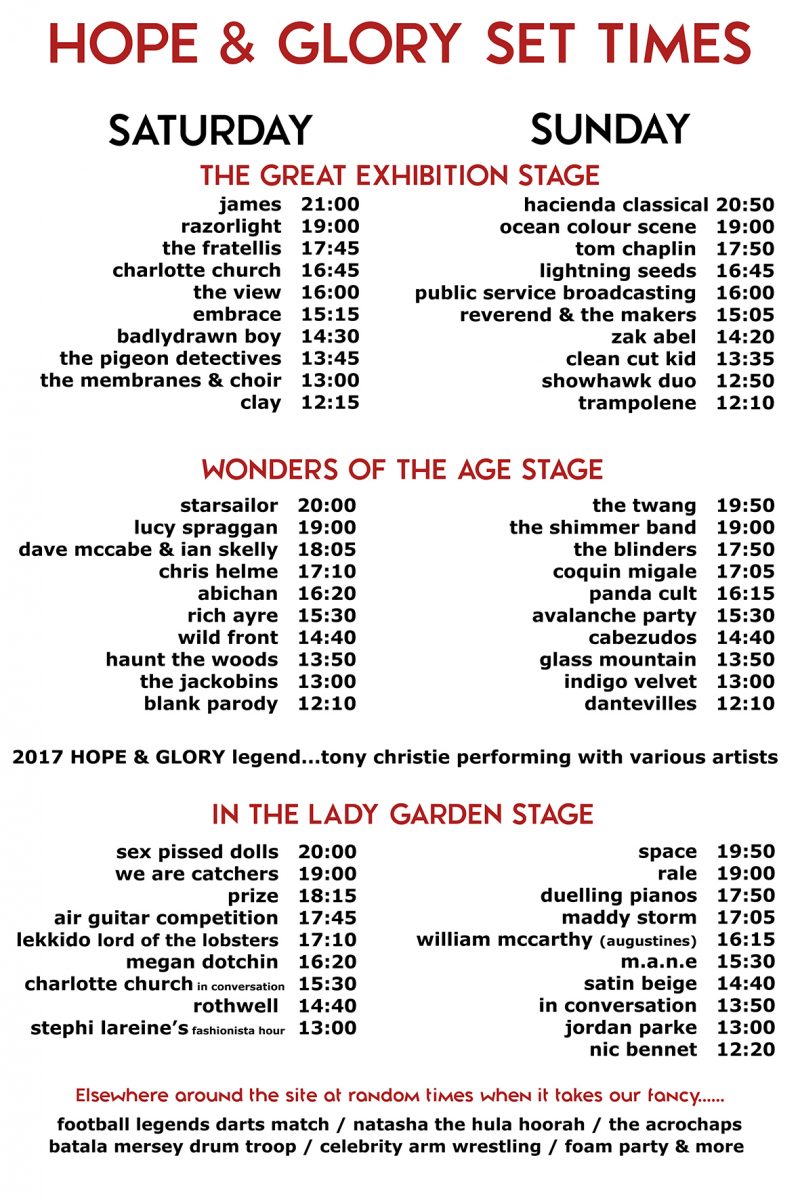 Hope and Glory stage times