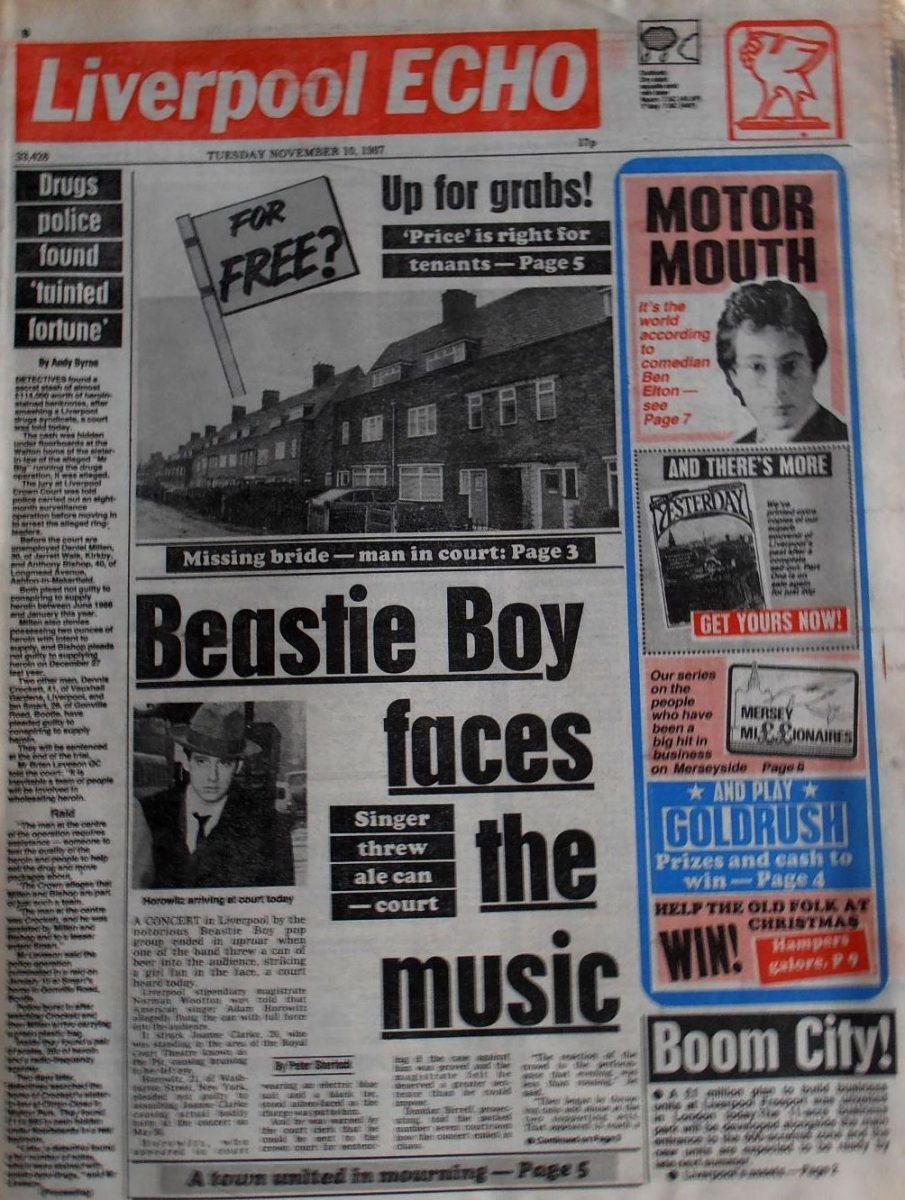 The front page of the Liverpool ECHO following the Beastie Boys' gig