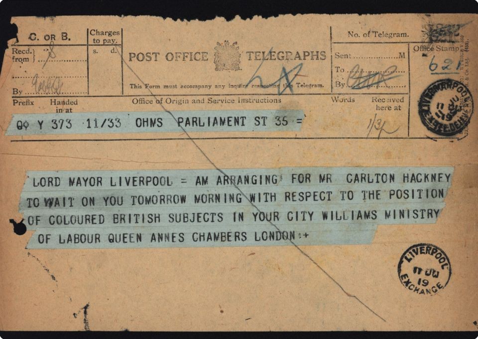 Telegram from central government to the Lord Mayor of Liverpool RE 'Coloured British Subjects' in the city