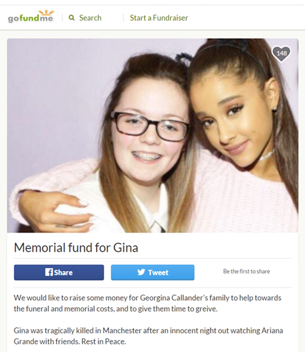 Gofundme page set up in memory of Georgina Callander (left) who has died after the explosion at the Manchester Arena where she had been attending a concert by Ariana Grande (right).